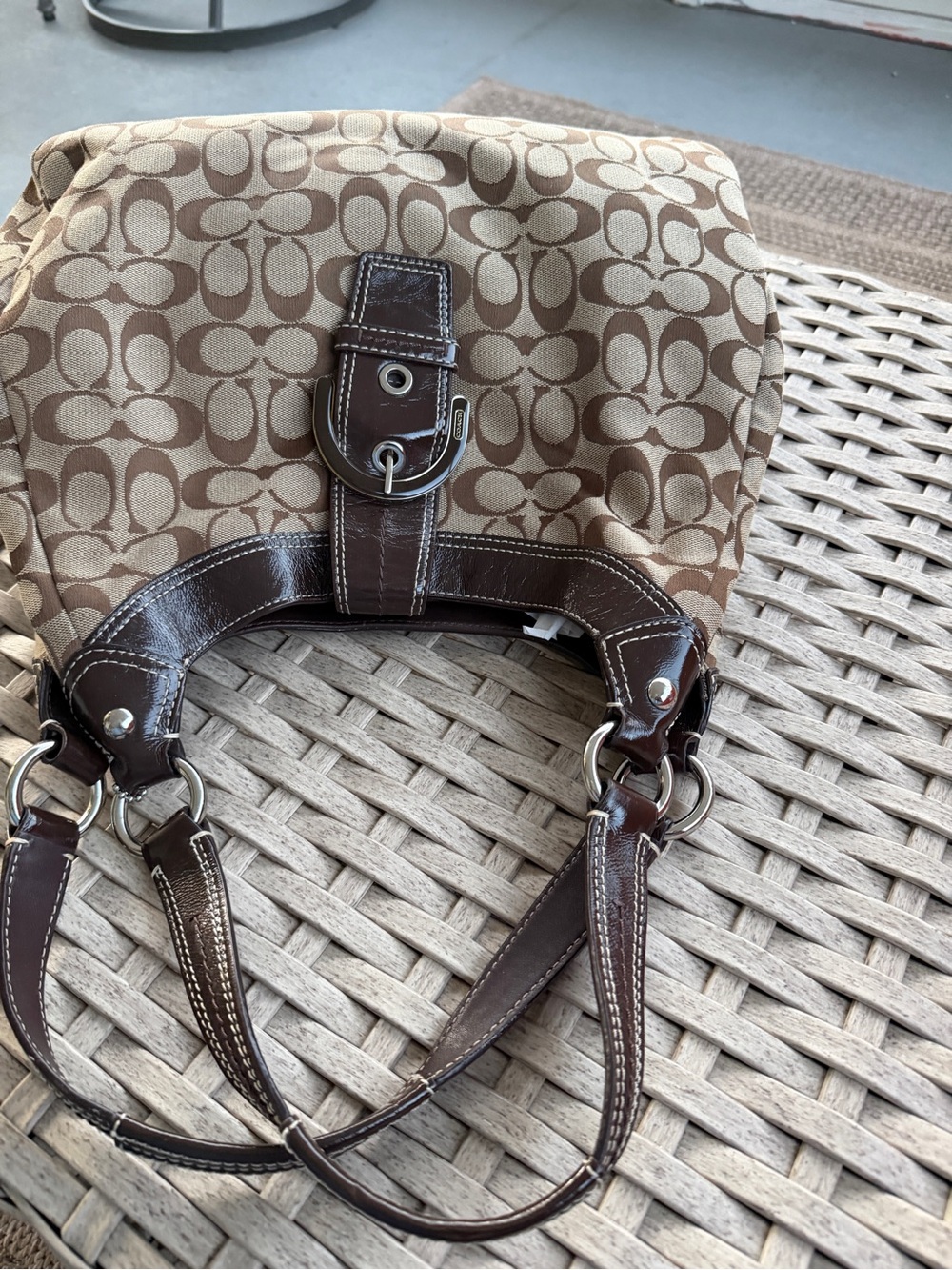 Coach Khaki and Chalk Signature Canvas Satchel with Brown Leather Trim